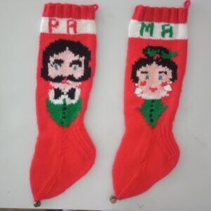 VINTAGE MA AND PA RED CROCHET CHRISTMAS STOCKINGS 18" SET OF TWO